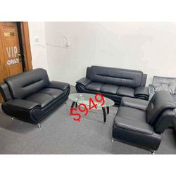 Black Faux Leather 3-Piece Couch Living Room Sofa  Set