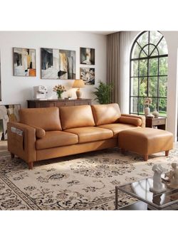 Brand new assembled already Vesgantti 100" Faux Leather Couch with Movable Ottoman, 3 Seater L Shaped PU Leather Sofa with Side Pocket, Comfy Mid Cent