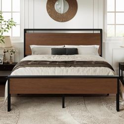 Queen Size Platform Bed Frame with walnut Wooden Headboard