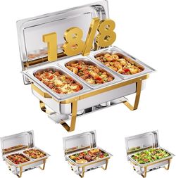 7 Pans Gold 18/8 (304) Stainless Steel 4 Pack Chafing Dishes for Buffet 9QT Stackable Chafing Dish Buffet Set Food Warmer, Food Warmers for Parties Bu