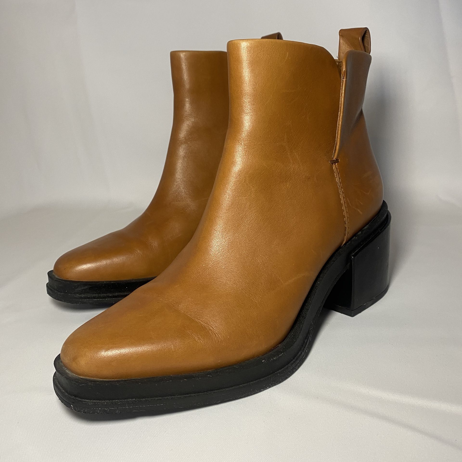 Franco Sarto Dalden Cognac Tan Leather Lug Chunky Block Sole Boots Womens 7 GUC