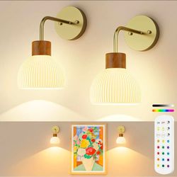 Glass Battery Operated Wall Sconces Set of 2, Rechargeable Wall Lamp with Remote, 12 Colors Dimmable Wireless Sconces Wall Decor Set of 2 with Timer f