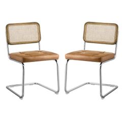 Brown Faux Leather Accent Cane Side Chair with Woven Rattan Oak Wood Backrest and Chromed Metal Frame (Set of 2)