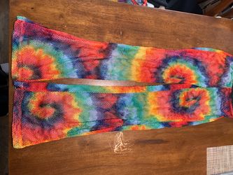 colorful 2-piece rainbow tie-dye fishnet crop top and matching pants set