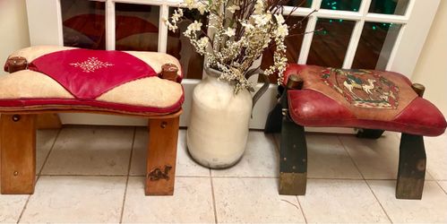 Vintage, Egyptian Leather Camel Saddle Stools - Pair ($250. Each or $450 for the Pair)