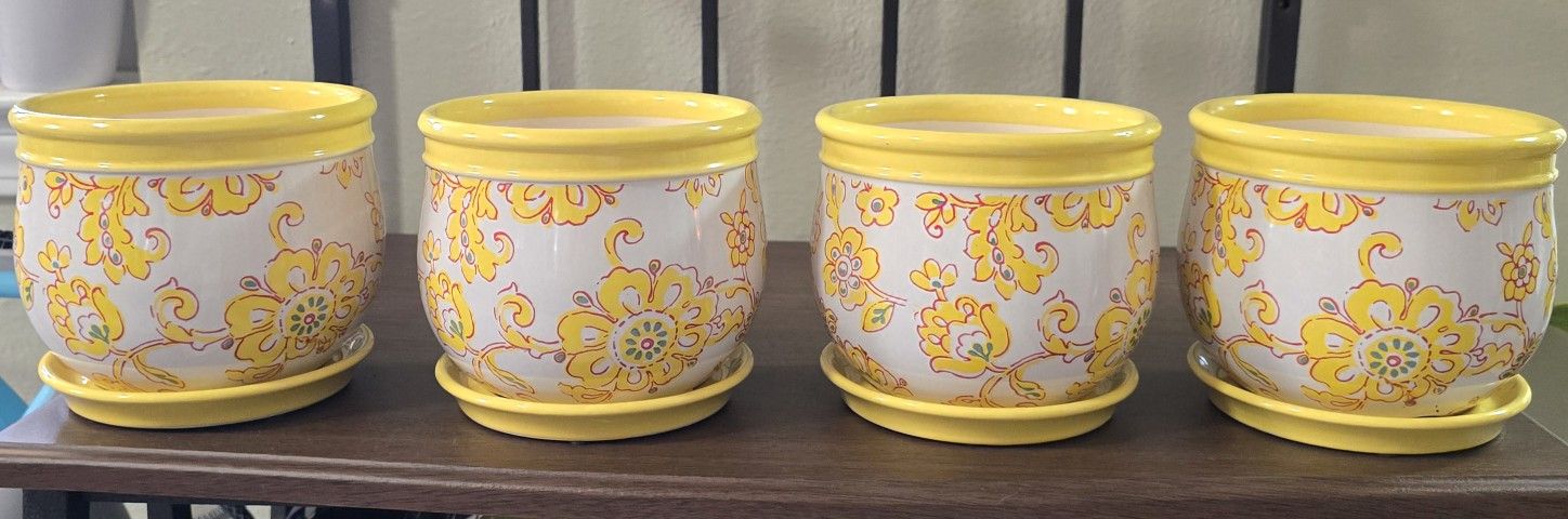 Yellow Ceramic Glazed Planter Pot Set - 4 ( 5 in.Tall X 5.5 in. wide ) 