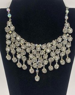 Mid Century Vintage Style Rhinestone Bib Statement Necklace 16” Costume Jewelry