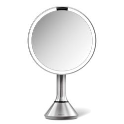 simplehuman Floor Mount 8" Round Sensor Makeup Mirror with Touch-Control Brightness, 5X Magnification, Rechargeable and Cordless, Brushed Stainless St