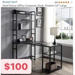 NEW Work Desk with Shelves Home Office Computer Study Storage Table Black Bookshelves Metal Wood