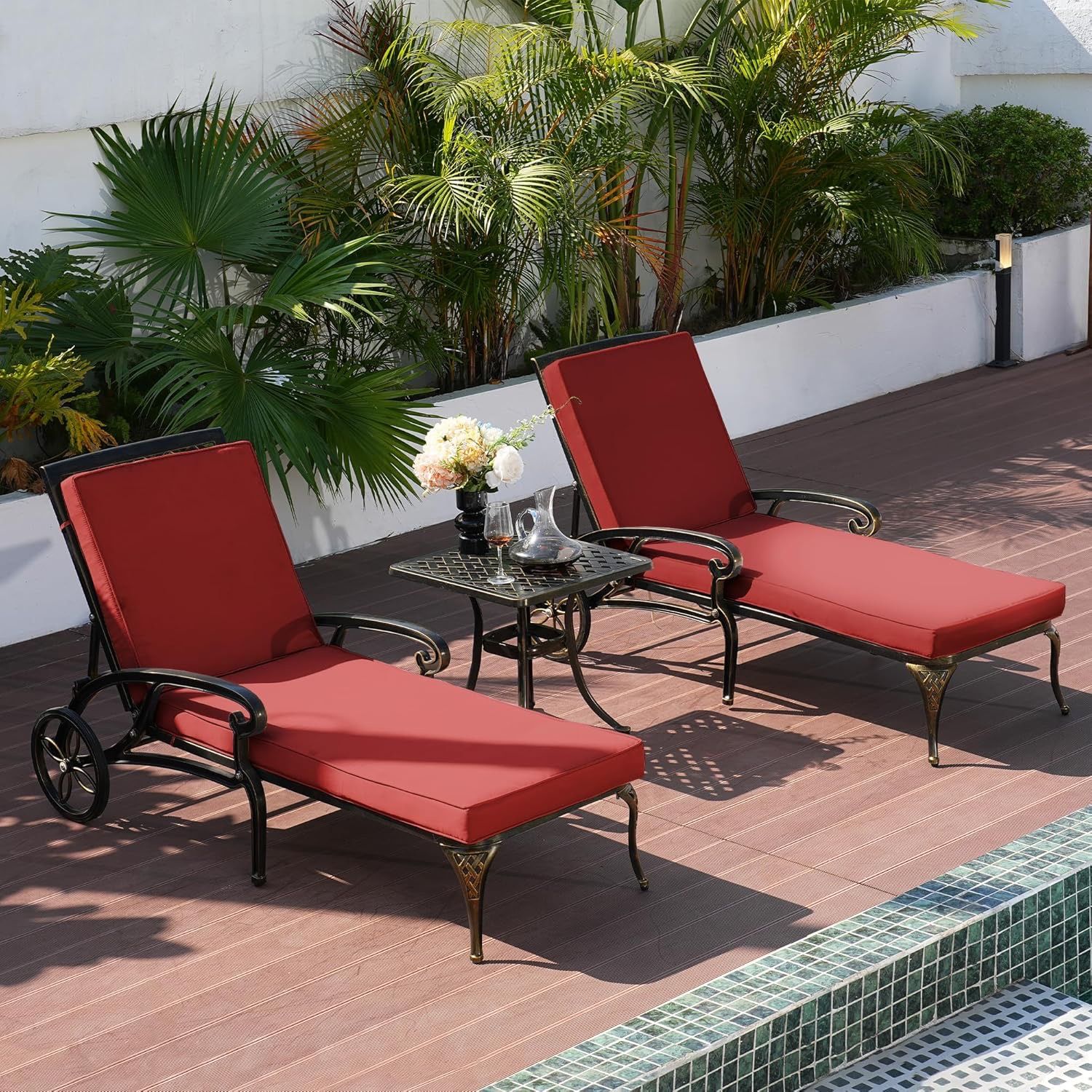 Lounge Chairs for Outside Set and Cushion Cast Aluminum Patio Lounge Chairs Chaise Lounge Pool Chairs Outdoor Lounge Chairs (Red) 