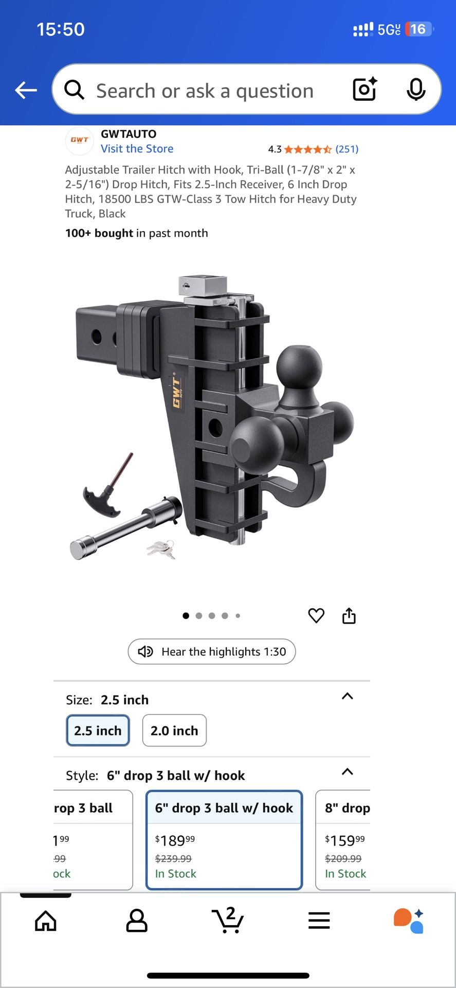 Adjustable Trailer Hitch with Hook, Tri-Ball (1-7/8" x 2" x 2-5/16") Drop Hitch, Fits 2.5-Inch Receiver, 6 Inch Drop Hitch, 18500 LBS GTW-Class 3 Tow