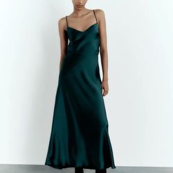 ZARA Long Bias Cut Satin Strappy Draped Camisole Maxi Dress S Green Blue