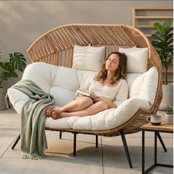 Double Egg Chair Outdoor Rattan Patio Chair with Cushion, Oversized 2 Person Patio Lounge Chairs with Cushion Egg Basket Chair, Egg Seat Indoor Living