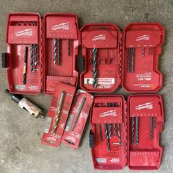 Milwaukee 25 misc different size drill bits and cases, $40 or OBO for all or you can buy anything separate, 