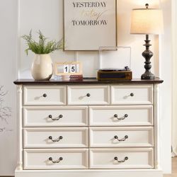 9 Drawers Dresser,54" Wide Farmhouse Chest of Drawers with Charging Station,Distressed Finish Design