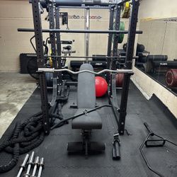 Complete At Home Gym Setup, Rack Cage, Bumper Plates, Barbells, & More
