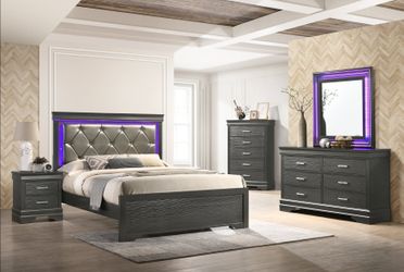 King Gray Bedroom Set with LED Headboard New in Box