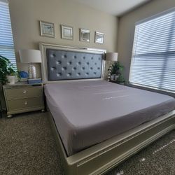 king size bed, frame, and boxes 