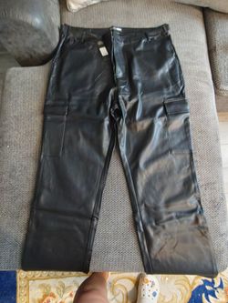 Black Faux Leather Cargo Pants with Tags
