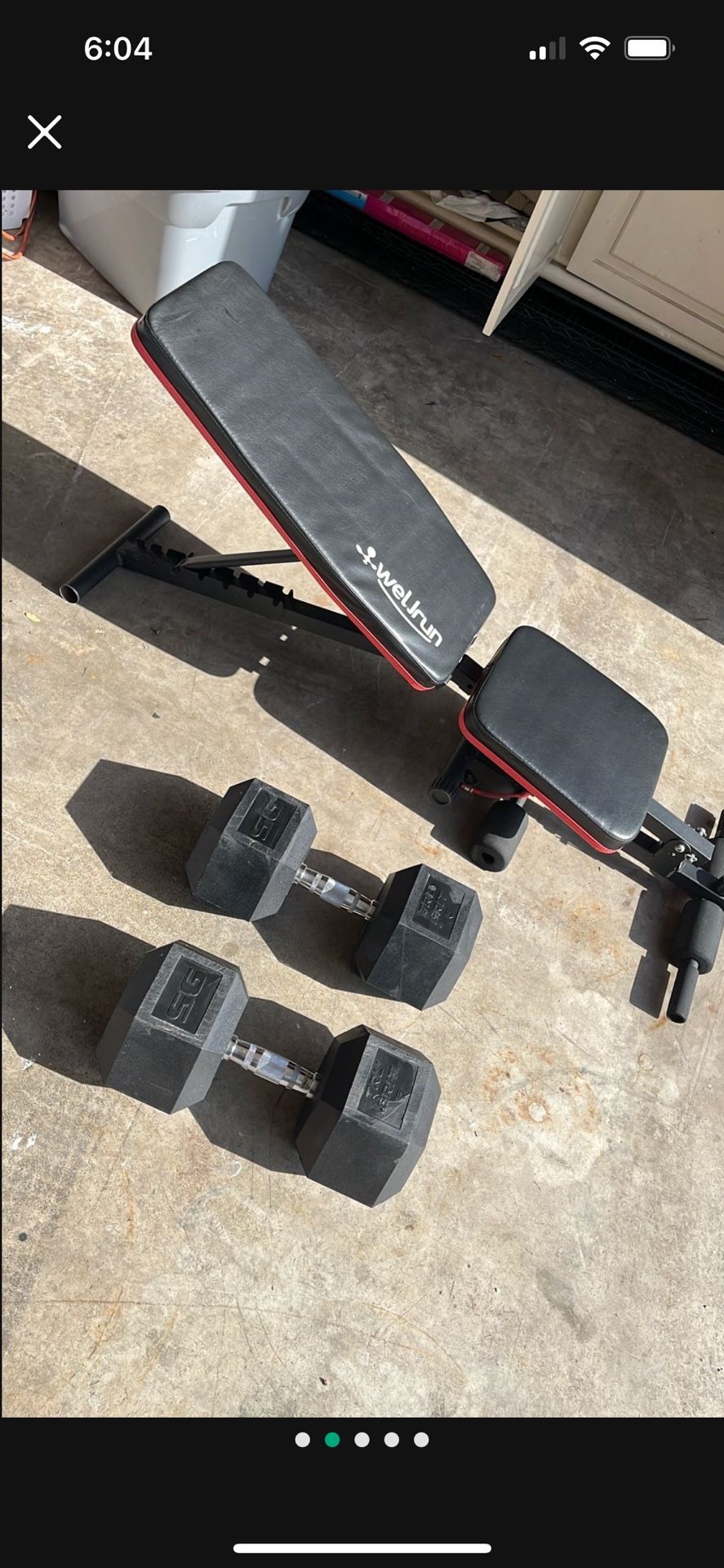 95lbs pair of rubber hex dumbbells And Bench.