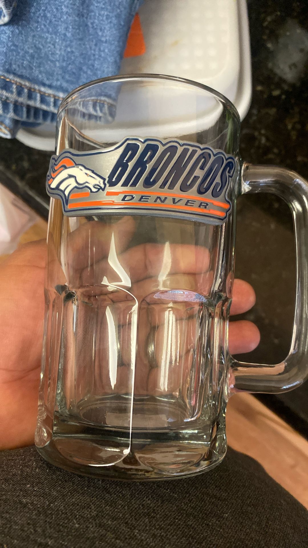 NFL Denver Broncos glass mug with metal logo