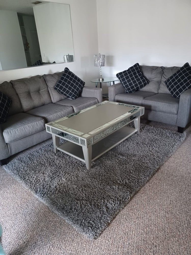 Cray Couch With Coffee Table And Rag