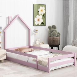 Twin Size Montessori Toddler Floor Bed Frame, Modern House-Shaped Frame Headboard Bed with Fences, Pine Wood, G-27