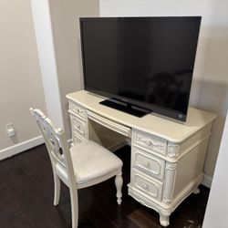 White ornate desk and chair with matching hutch/bookshelf