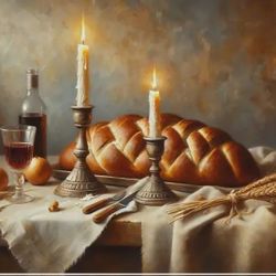 Rustic Jewish Sabbath Table Canvas Art - 11.8"x15.7" Wooden Framed WALL DECOR
