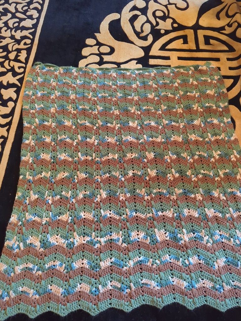 Crochet Afghan In Brown, Green, Cream And Blue