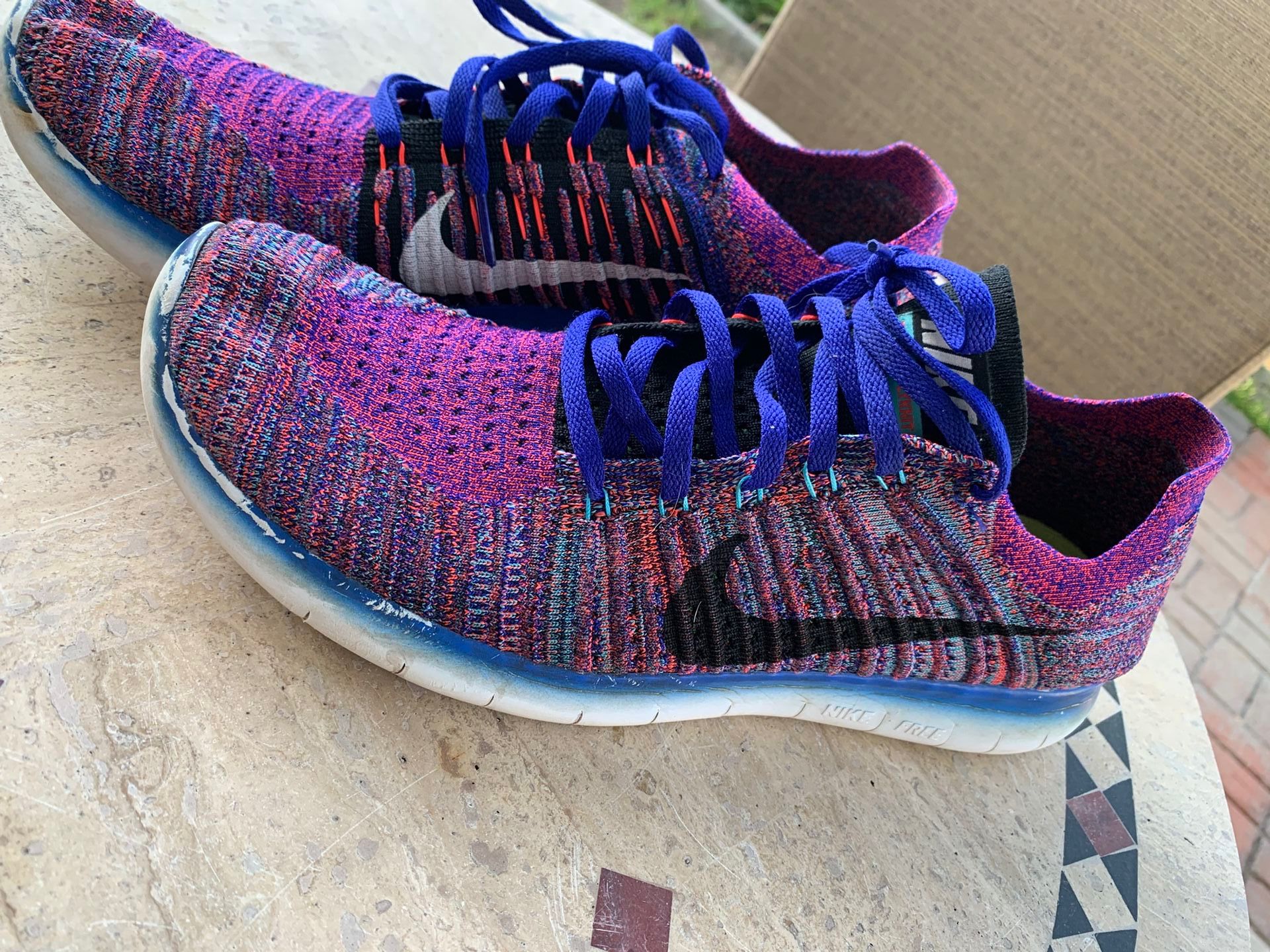 Men’s Nike Free RN Flyknit Running Sneakers Size 12, Lightweight, Cushioned Sole, Breathable Material In Multicolored Blues