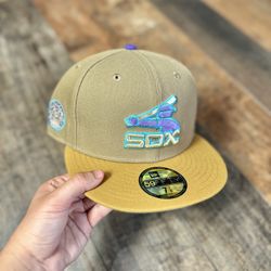 RARE Exclusive Two Tone SOLD OUT White Sox 59fifty New Era Fitted Tan Khaki Wheat Brown Hat with Blue Teal UV •SOLD OUT EXCLUSIVE LIMITED RELEASE •