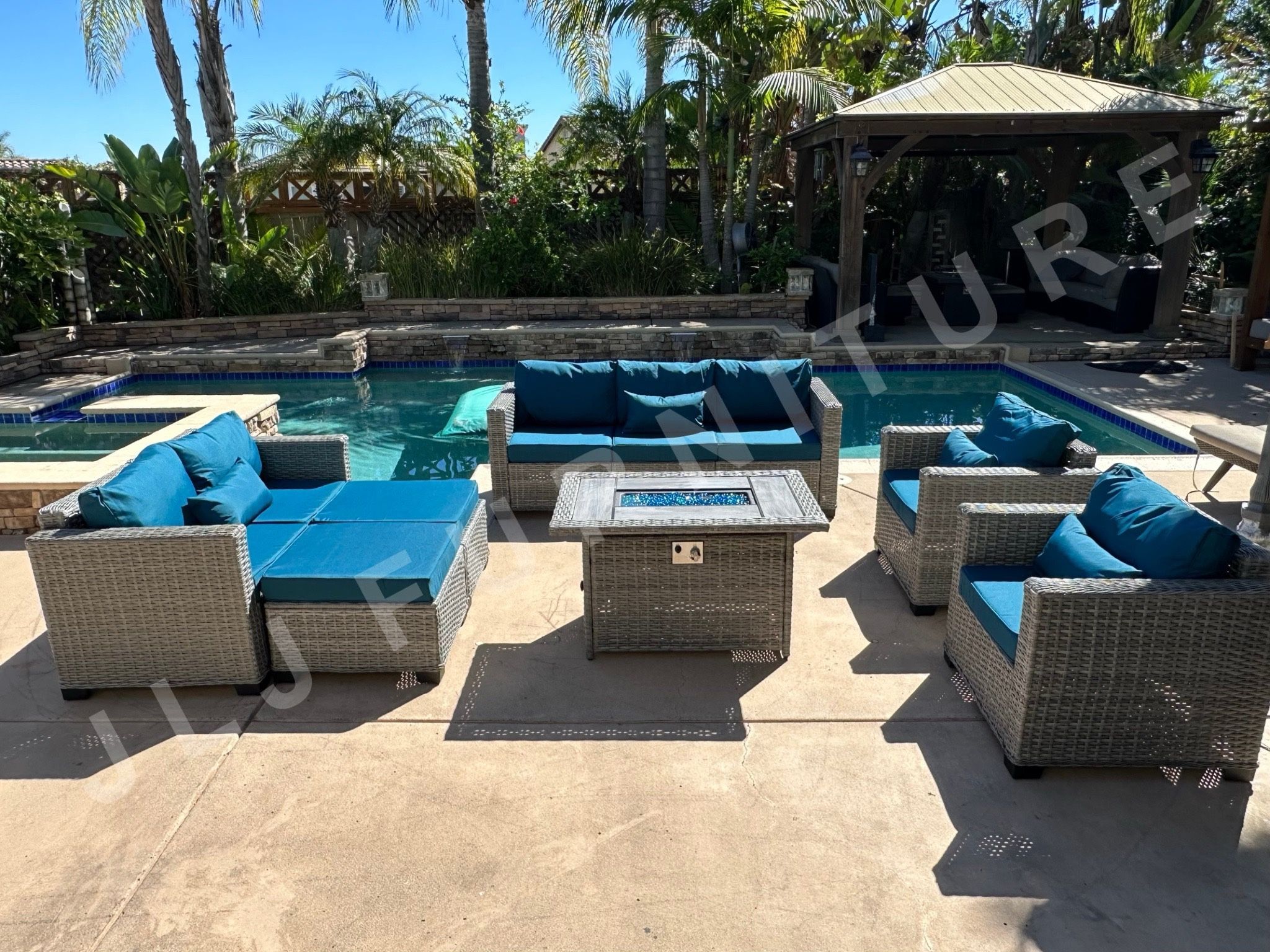 NEW🔥Outdoor Patio Furniture HDPE WICKER Grey with Peacock Blue 4" cushions and Firepit ASSEMBLED