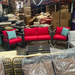 New Assembled 4pc Outdoor Conversation Set. Aluminum Frame With Red Cushions
