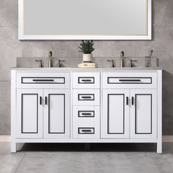 Milan 61” Floor Mounted Single Basin Vanity Set with Solid Wood Cabinet in White and Engineered stone composite Vanity Top in Carrara White with Pre-i