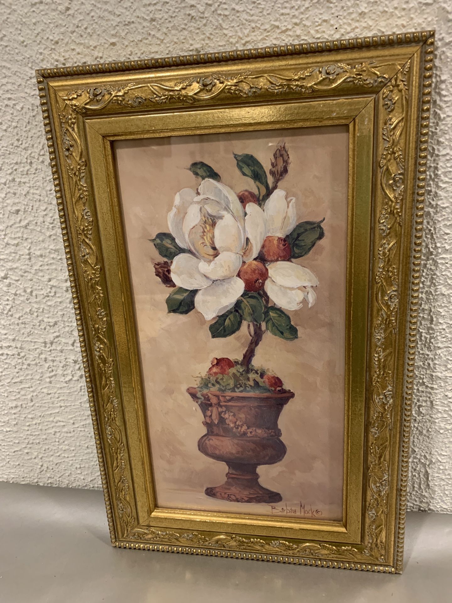 Vintage print by Barbara mock beautiful topiary with magnolia in designer  gold frame ,17”x11”  Print size is 7”x 13” , home interior, wall Art If you