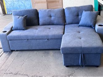 84-inch Wide Dark Gray Linen Fabric Reversible Sleeper Sectional Sofa with USB Charging Ports – Convertible Pull-Out Bed, Storage Chaise, Side Pockets