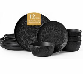 12-Piece Black Vitrified Porcelain Dinnerware Set