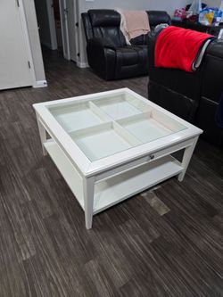 Modern Coffee Table ( Liatorp ), Top Glass Solid Wood With Big Drawer Can Pull Out Both Side Excellent Condition Like New 36.75”x36.75”, H 20”
