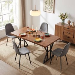Homy Casa Leonard+Charlton 5PC Dining Set 63” Rectangular Table with 4 Grey Upholstered Chairs in Black Metal Frame