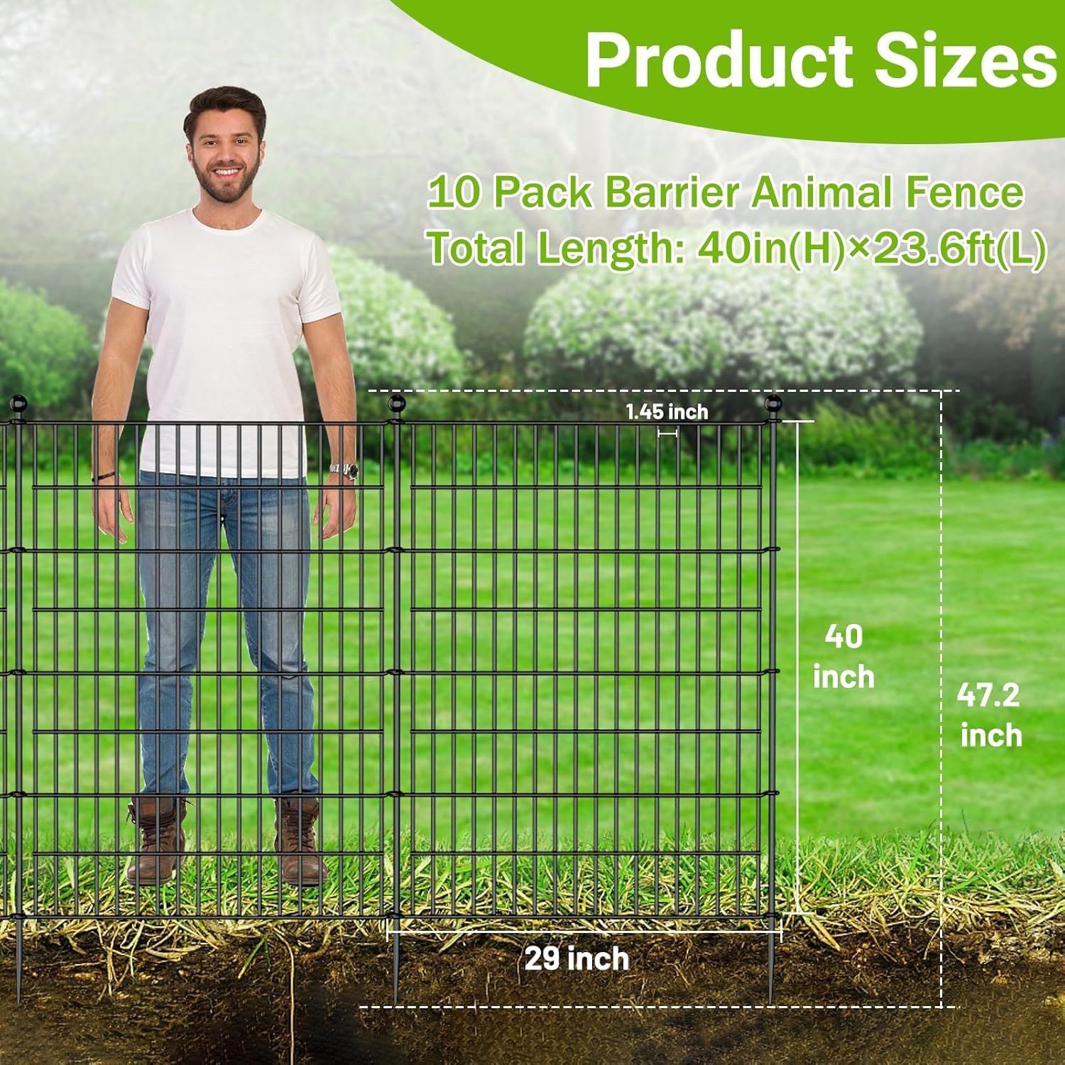 10 Panels No Dig Decorative Outdoor Garden Fence with Gate for Yard, 40 in(H) X 23.6 ft(L) Animal Barrier Fencing Rustproof Metal Wire Panel Border fo