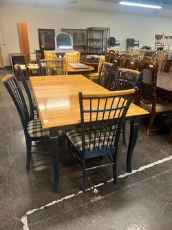 Blue Trim Wood Dining Table with Leaf and Six Plaid Upholstered Chairs