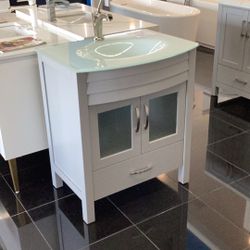 30” Brand New Vanity, Solid Wood, Glass top, Grey, Available For Pick Up