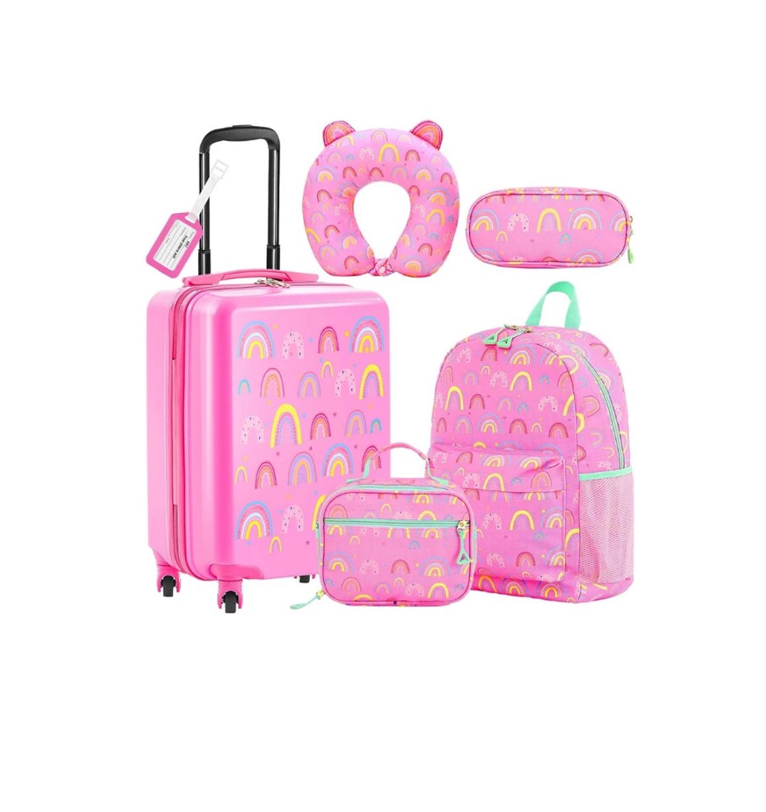 Redbaker 6 Pcs Kids Luggage Set 17 Inch Kids Rolling Luggage Double Pattern Suitcase for Girls Boys Christmas Gift(Pink,Rainbow Style) Pink Rainbow St