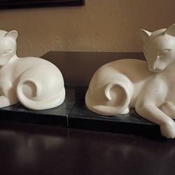 Vtg Vintage White Siamese Cat Marble Base Bookends