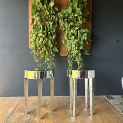 Mirror Nightstand or Accent Tables with 2 Matching Silver Lamps