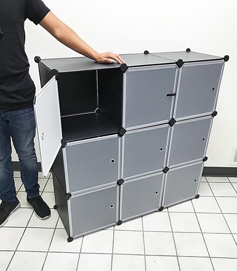 (New in box) $35 Plastic Storage 9-Cube DYI Shelf with Door Clothing Wardobe 43”x14”x43”