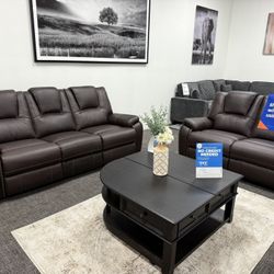 Brown Leather 2Pc Sofa & Loveseat Recliner Set - Free Delivery Promo 