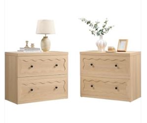 Set of 2 Light oak nightstands featuring a distinctive 2 drawer design with charming scalloped wave accents