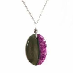 Sterling silver green and purple agate wire wrapped oval pendant necklace new